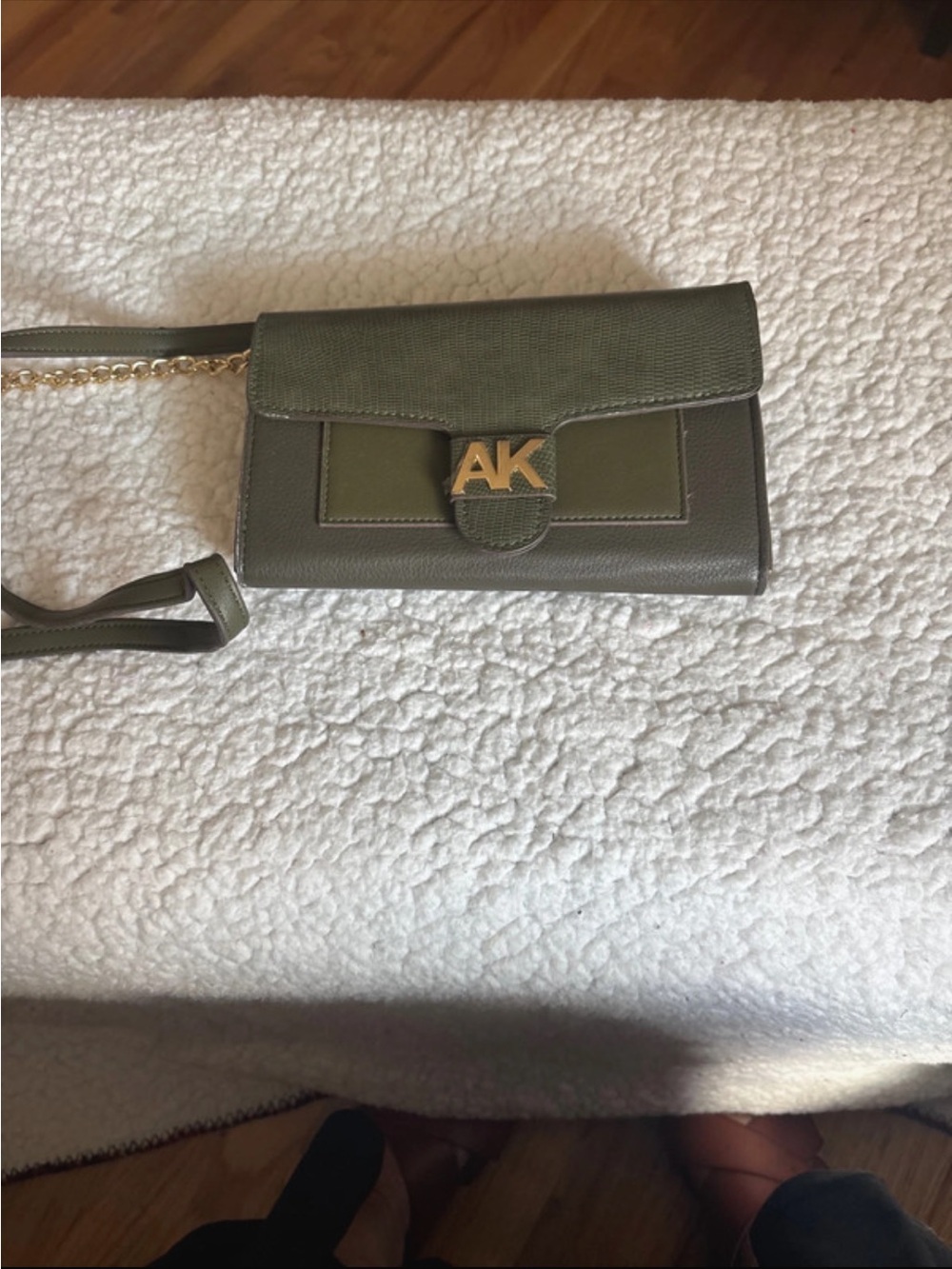 Anne Klein Logo Olive Crossbody Wallet Bag with Gold Chain Accent